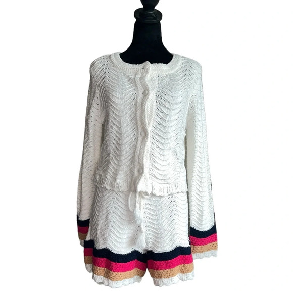 House of Harlow 1960 Knit Cardigan & Shorts Set White Multicolor Trim Size M NWT - Picture 1 of 10